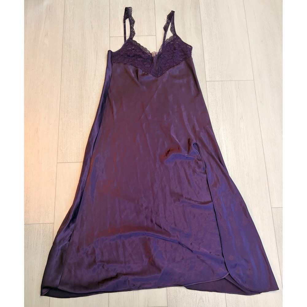 Vintage Victoria Secret Silk‎ Maxi Nightgown Sz L Purple Sheer Long Slip Slit